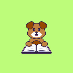 Cute dog reading a book. Animal cartoon concept isolated. Can used for t-shirt, greeting card, invitation card or mascot. Flat Cartoon Style