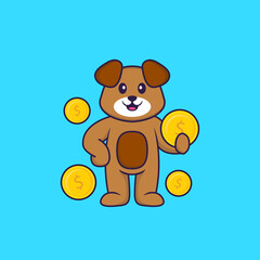 Cute dog holding coin. Animal cartoon concept isolated. Can used for t-shirt, greeting card, invitation card or mascot. Flat Cartoon Style