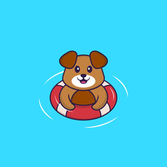 Cute dog is Swimming with a buoy. Animal cartoon concept isolated. Can used for t-shirt, greeting card, invitation card or mascot. Flat Cartoon Style