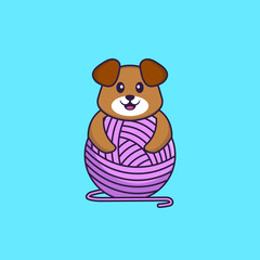 Cute dog playing with wool yarn. Animal cartoon concept isolated. Can used for t-shirt, greeting card, invitation card or mascot. Flat Cartoon Style