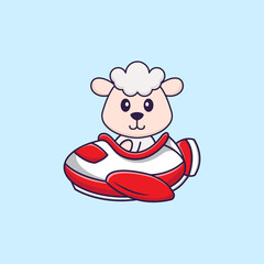 Cute sheep flying on a plane. Animal cartoon concept isolated. Can used for t-shirt, greeting card, invitation card or mascot. Flat Cartoon Style