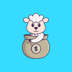 Cute sheep in a money bag. Animal cartoon concept isolated. Can used for t-shirt, greeting card, invitation card or mascot. Flat Cartoon Style