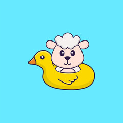 Cute sheep With Duck buoy. Animal cartoon concept isolated. Can used for t-shirt, greeting card, invitation card or mascot. Flat Cartoon Style