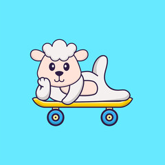 Cute sheep lying on a skateboard. Animal cartoon concept isolated. Can used for t-shirt, greeting card, invitation card or mascot. Flat Cartoon Style