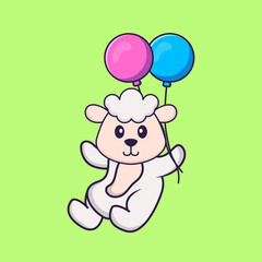 Cute sheep flying with two balloons. Animal cartoon concept isolated. Can used for t-shirt, greeting card, invitation card or mascot. Flat Cartoon Style