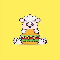 Cute sheep eating burger. Animal cartoon concept isolated. Can used for t-shirt, greeting card, invitation card or mascot. Flat Cartoon Style