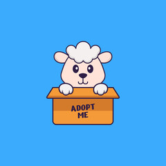 Cute sheep in box with a poster Adopt me. Animal cartoon concept isolated. Can used for t-shirt, greeting card, invitation card or mascot. Flat Cartoon Style