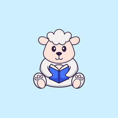 Cute sheep reading a book. Animal cartoon concept isolated. Can used for t-shirt, greeting card, invitation card or mascot. Flat Cartoon Style