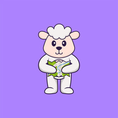 Cute sheep holding a map. Animal cartoon concept isolated. Can used for t-shirt, greeting card, invitation card or mascot. Flat Cartoon Style