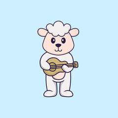 Cute sheep playing guitar. Animal cartoon concept isolated. Can used for t-shirt, greeting card, invitation card or mascot. Flat Cartoon Style