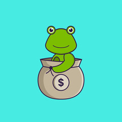 Cute frog in a money bag. Animal cartoon concept isolated. Can used for t-shirt, greeting card, invitation card or mascot. Flat Cartoon Style