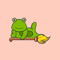 Cute frog lying on Magic Broom. Animal cartoon concept isolated. Can used for t-shirt, greeting card, invitation card or mascot. Flat Cartoon Style