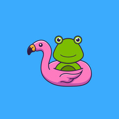 Fototapeta premium Cute frog With flamingo buoy. Animal cartoon concept isolated. Can used for t-shirt, greeting card, invitation card or mascot. Flat Cartoon Style
