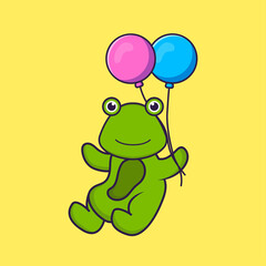 Cute frog flying with two balloons. Animal cartoon concept isolated. Can used for t-shirt, greeting card, invitation card or mascot. Flat Cartoon Style