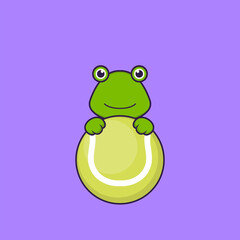 Cute frog playing tennis. Animal cartoon concept isolated. Can used for t-shirt, greeting card, invitation card or mascot. Flat Cartoon Style