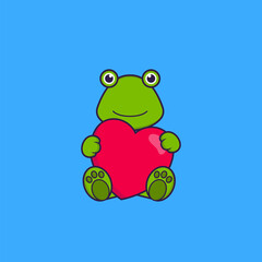 Cute frog holding a big red heart. Animal cartoon concept isolated. Can used for t-shirt, greeting card, invitation card or mascot. Flat Cartoon Style