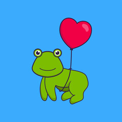 Cute frog flying with love shaped balloons. Animal cartoon concept isolated. Can used for t-shirt, greeting card, invitation card or mascot. Flat Cartoon Style
