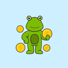 Cute frog holding coin. Animal cartoon concept isolated. Can used for t-shirt, greeting card, invitation card or mascot. Flat Cartoon Style