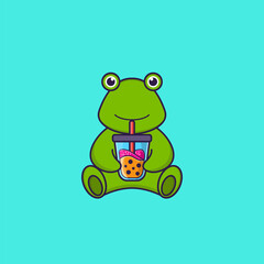 Cute frog Drinking Boba milk tea. Animal cartoon concept isolated. Can used for t-shirt, greeting card, invitation card or mascot. Flat Cartoon Style
