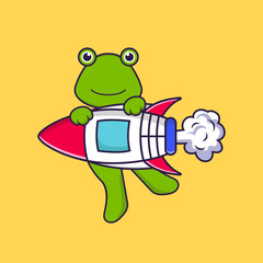 Cute frog flying on rocket. Animal cartoon concept isolated. Can used for t-shirt, greeting card, invitation card or mascot. Flat Cartoon Style