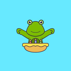 Cute frog with birthday cake. Animal cartoon concept isolated. Can used for t-shirt, greeting card, invitation card or mascot. Flat Cartoon Style