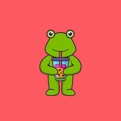 Cute frog Drinking Boba milk tea. Animal cartoon concept isolated. Can used for t-shirt, greeting card, invitation card or mascot. Flat Cartoon Style