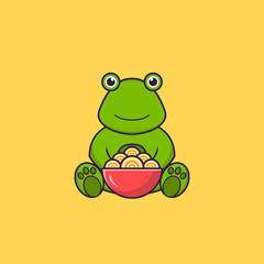 Cute frog eating ramen noodles. Animal cartoon concept isolated. Can used for t-shirt, greeting card, invitation card or mascot. Flat Cartoon Style