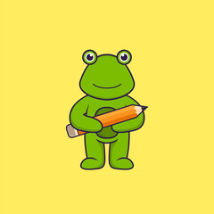 Cute frog holding a pencil. Animal cartoon concept isolated. Can used for t-shirt, greeting card, invitation card or mascot. Flat Cartoon Style