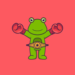 Cute frog in boxer costume with champion belt. Animal cartoon concept isolated. Can used for t-shirt, greeting card, invitation card or mascot. Flat Cartoon Style