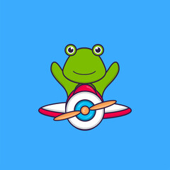 Cute frog flying on a plane. Animal cartoon concept isolated. Can used for t-shirt, greeting card, invitation card or mascot. Flat Cartoon Style