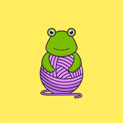 Cute frog playing with wool yarn. Animal cartoon concept isolated. Can used for t-shirt, greeting card, invitation card or mascot. Flat Cartoon Style