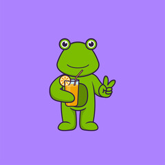 Cute frog holding orange juice in glass. Animal cartoon concept isolated. Can used for t-shirt, greeting card, invitation card or mascot. Flat Cartoon Style