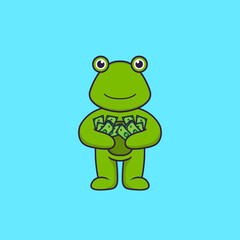 Cute frog holding money. Animal cartoon concept isolated. Can used for t-shirt, greeting card, invitation card or mascot. Flat Cartoon Style