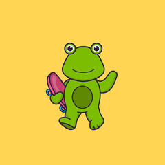 Cute frog holding a skateboard. Animal cartoon concept isolated. Can used for t-shirt, greeting card, invitation card or mascot. Flat Cartoon Style