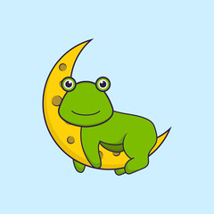 Obraz premium Cute frog is on the moon. Animal cartoon concept isolated. Can used for t-shirt, greeting card, invitation card or mascot. Flat Cartoon Style
