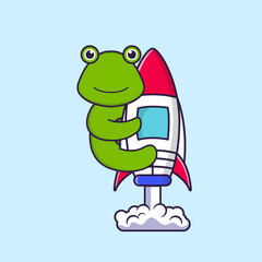 Obraz premium Cute frog flying on rocket. Animal cartoon concept isolated. Can used for t-shirt, greeting card, invitation card or mascot. Flat Cartoon Style
