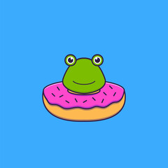 Cute frog with a donut on his neck. Animal cartoon concept isolated. Can used for t-shirt, greeting card, invitation card or mascot. Flat Cartoon Style