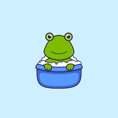 Cute frog taking a bath in the bathtub. Animal cartoon concept isolated. Can used for t-shirt, greeting card, invitation card or mascot. Flat Cartoon Style