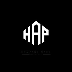 HAP letter logo design with polygon shape. HAP polygon logo monogram. HAP cube logo design. HAP hexagon vector logo template white and black colors. HAP monogram. HAP business and real estate logo. 