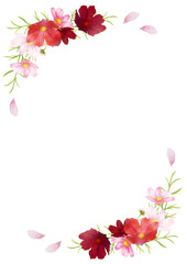 水彩で描いたピンクの秋桜のフレーム　Bouquet composition decorated with watercolor pink cosmos flowers and petals