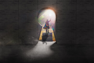 Silhouette opportunity of superhero standing on staircase to looking keyhole door with sun light,leader concept vision and new idea,success,risk,investment,growth business,strategy and solution