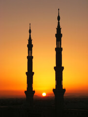 Silhouette of minarets of Nabawi mosque, Medina, Saudi Arabia