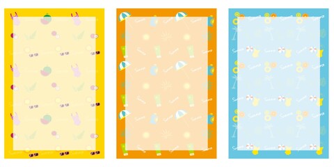 Summer template decoration with summer cute icons. Sunglasses, swimsuits, watermelon, UV care, fruits and tropical leaves. Set of summer frame for design. vector illustration.