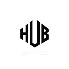 HUB letter logo design with polygon shape. HUB polygon logo monogram. HUB cube logo design. HUB hexagon vector logo template white and black colors. HUB monogram. HUB business and real estate logo. 