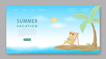 Summer vacation landing page with cute bear on colorful background for website,template or banner