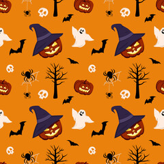 Bright dark seamless pattern with pumpkins, ghosts, skulls, bats and spiders. Festive autumn decoration for Halloween. Holiday October background for paper print, textile and design