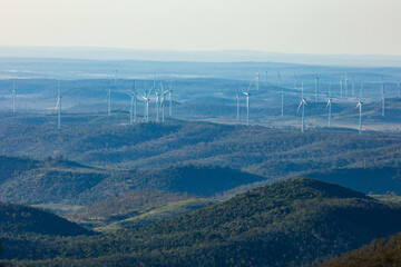 Coopers Gap wind farm in southern Queensland viewed from the distant Bunya Mountains