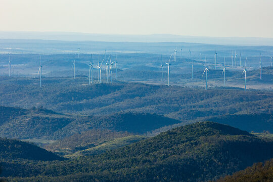 Coopers Gap wind farm in southern Queensland viewed from the distant Bunya Mountains