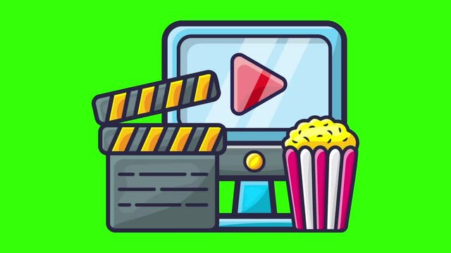 computer , clapper board and popcorn for watching movie concept animation on green screen background