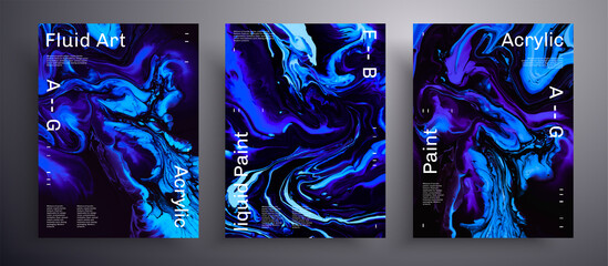 Abstract vector placard, pack of modern design fluid art covers. Trendy background that applicable for design cover, poster, brochure and etc. Purple, blue and black creative iridescent artwork. - 441496648
